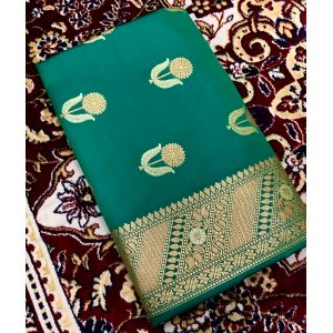 Bottle Green Banarasi Handloom Katan Silk Saree With Gold And Silver Zari Weaving RF82