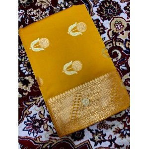 Mustard Banarasi Handloom Katan Silk Saree With Gold And Silver Zari Weaving RF83